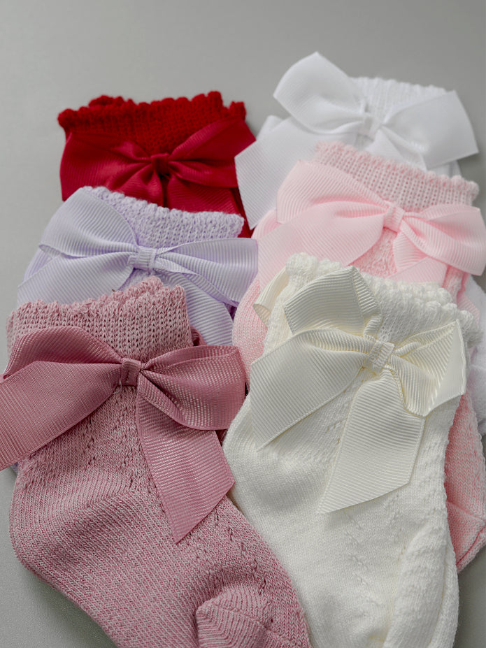 Mid-Length Grosgrain Bow Cotton Socks in Baby Pink