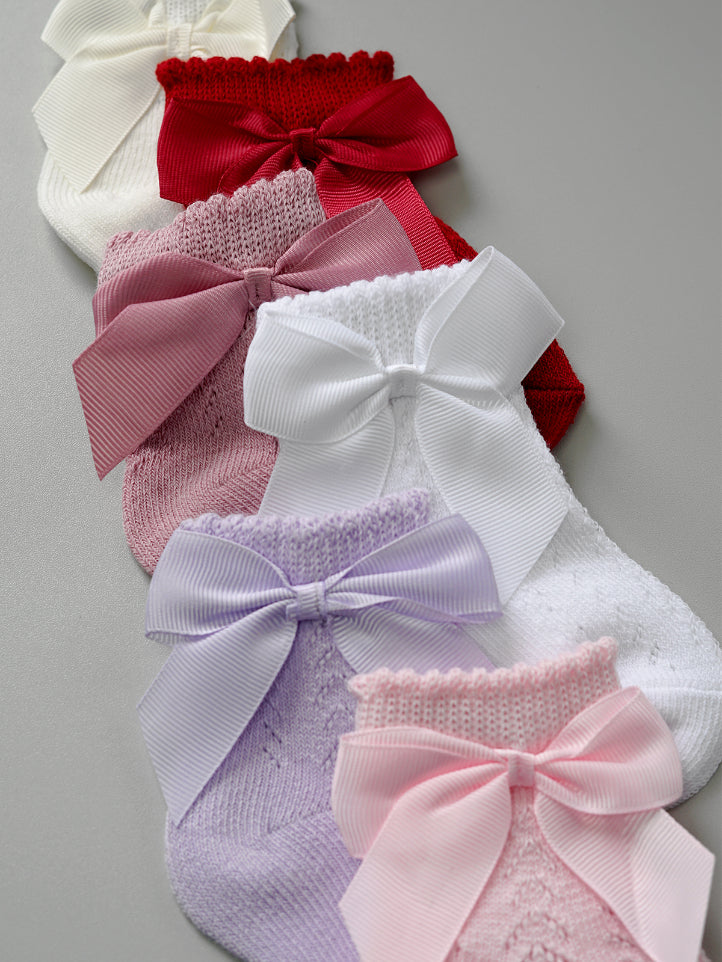 Mid-Length Grosgrain Bow Cotton Socks in Dusty Pink
