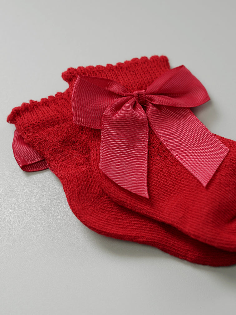 Mid-Length Grosgrain Bow Cotton Socks in Scarlet Red
