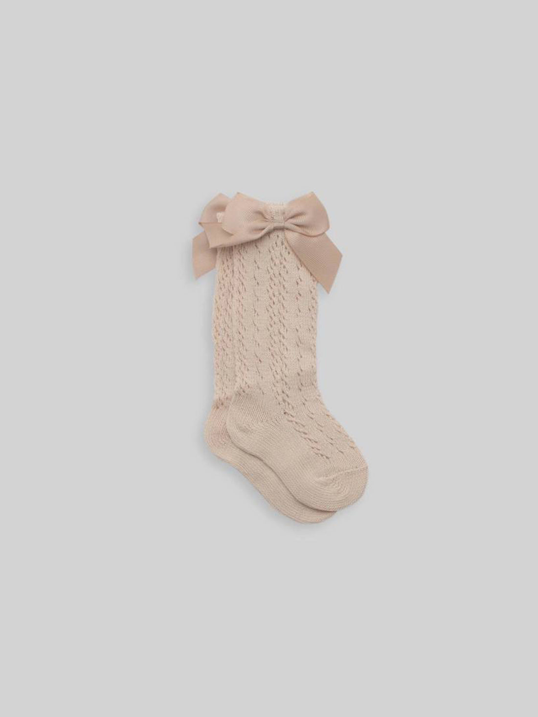 Mesh Cotton Socks Grosgrain Bow in Beige
