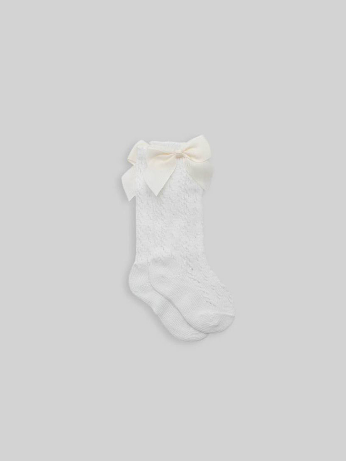 Mesh Cotton Socks Grosgrain Bow in White